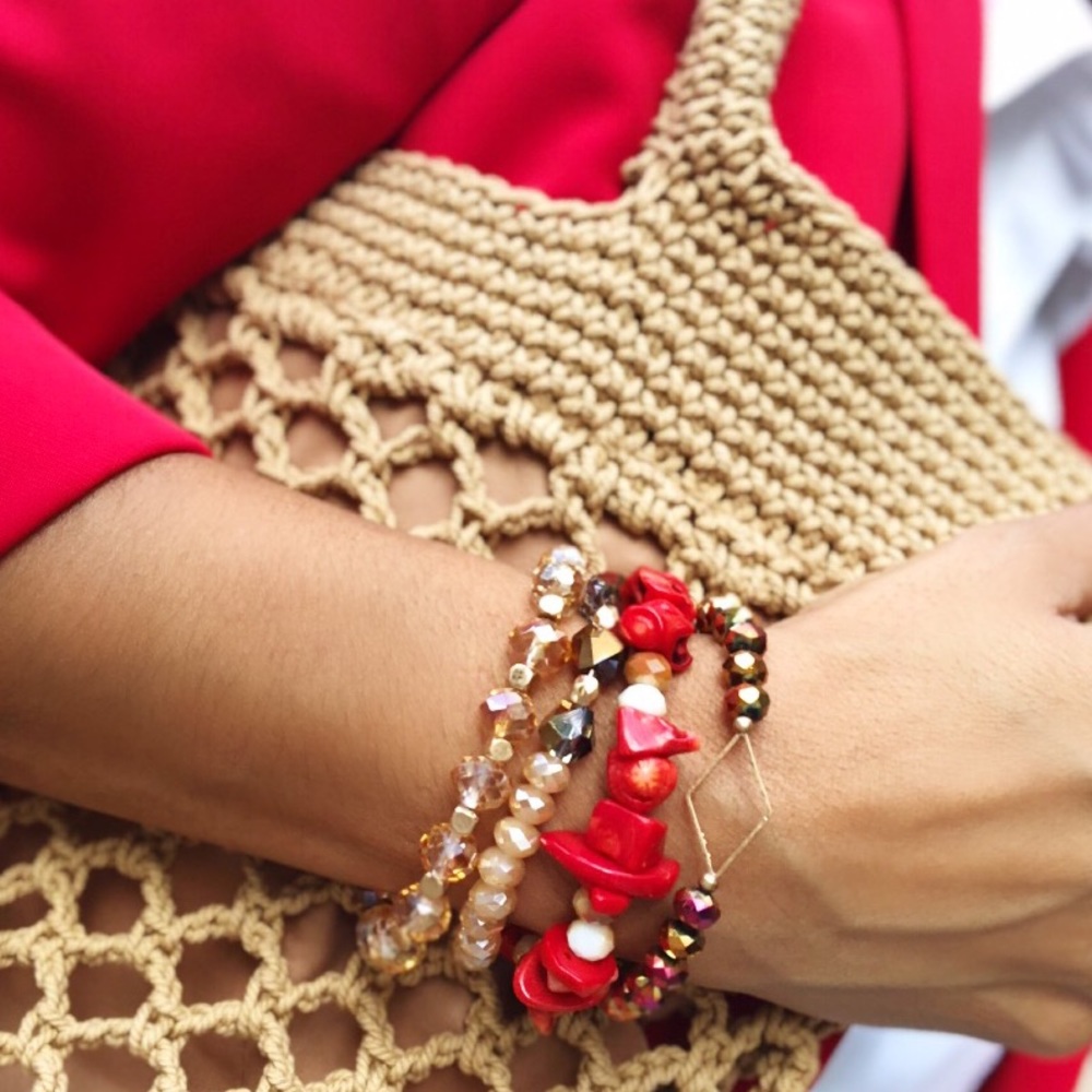 Stretch Red Coral and Beads Bracelets 4Pack